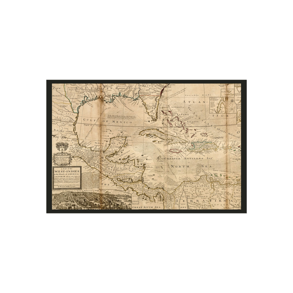 A Map of the West-Indies, Herman Moll, 1715 — Fine Art Giclée Print, Charcoal Border