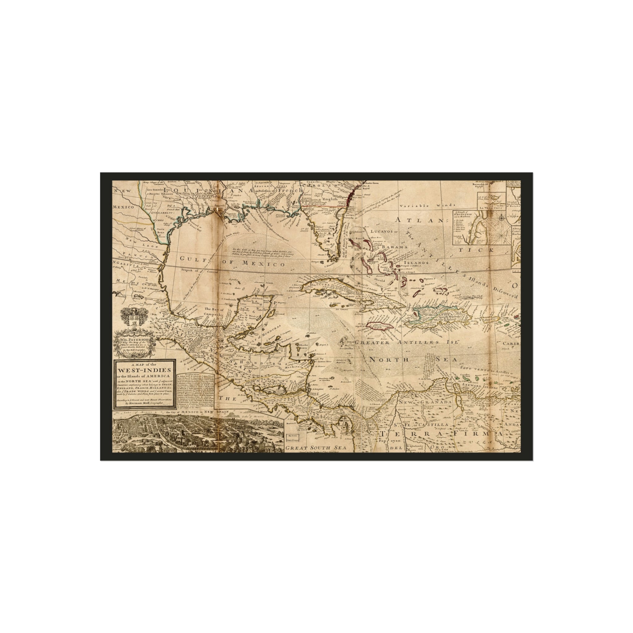 A Map of the West-Indies, Herman Moll, 1715 — Fine Art Giclée Print, Charcoal Border