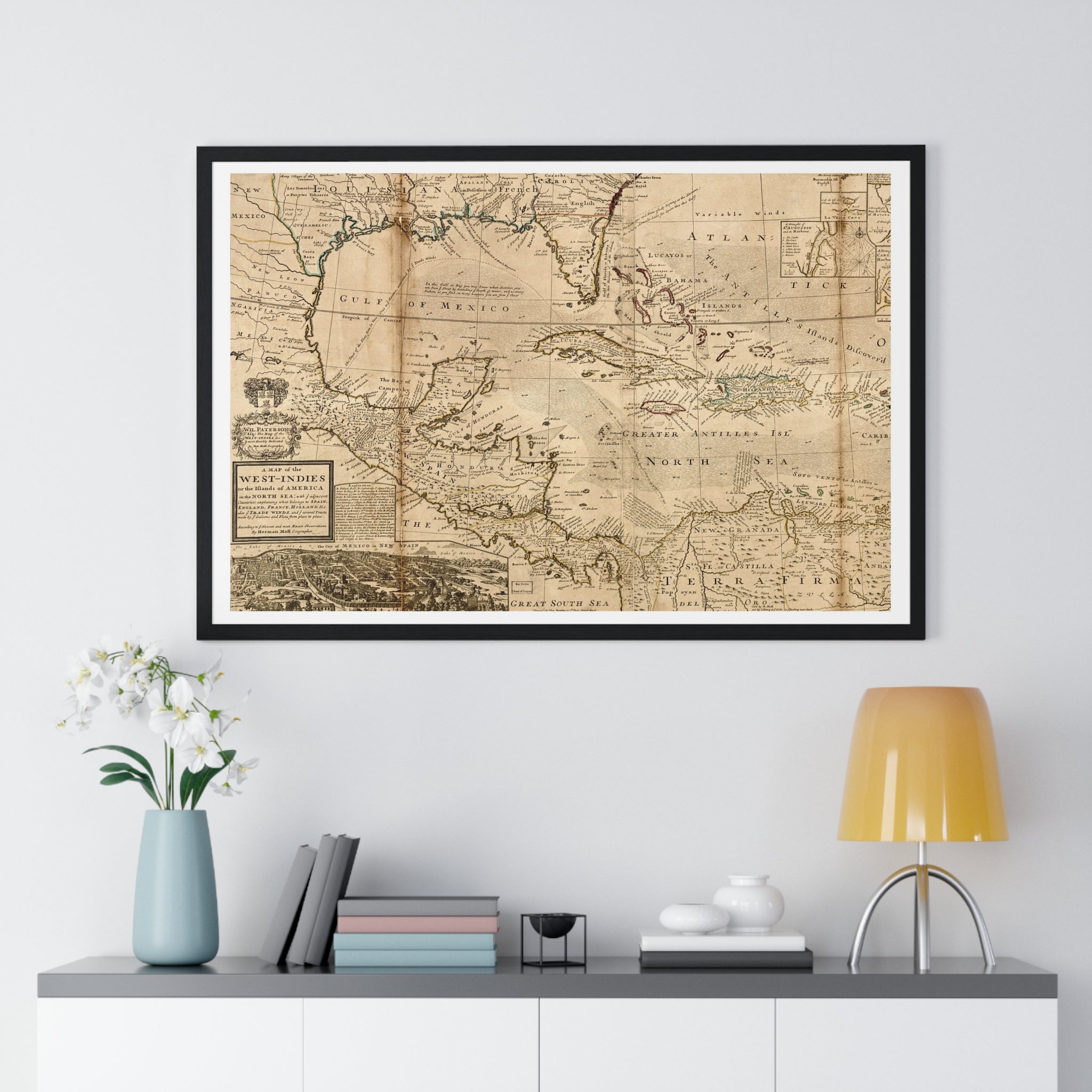 A Map of the West-Indies, Herman Moll, 1715 — Fine Art Print, White Margin, Black Frame