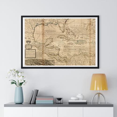 A Map of the West-Indies, Herman Moll, 1715 — Fine Art Print, White Margin, Black Frame