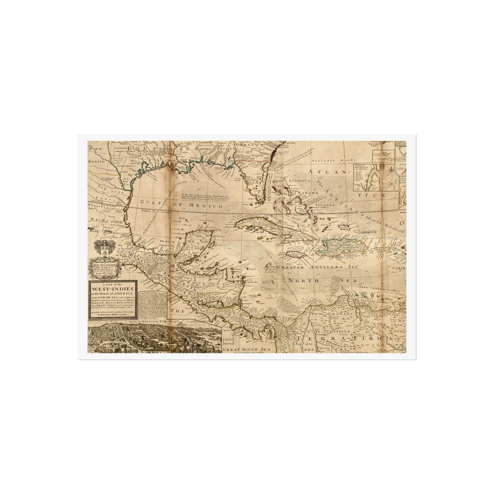 A Map of the West-Indies, Herman Moll, 1715 — Fine Art Giclée Print, White Border
