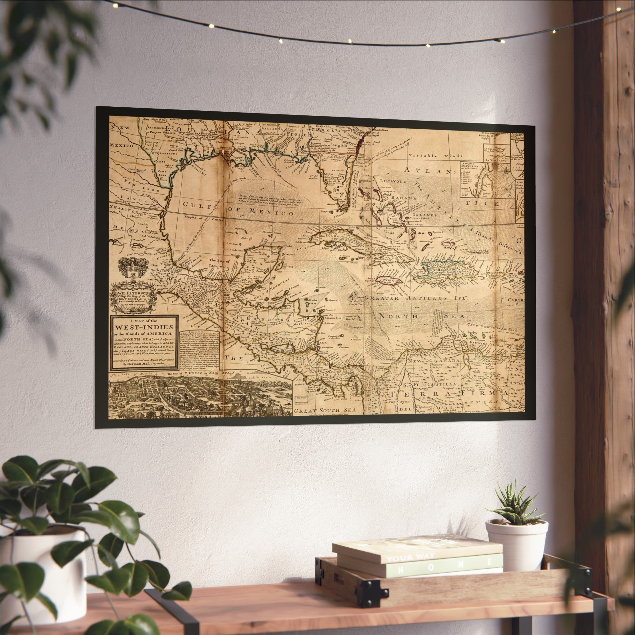 A Map of the West-Indies, Herman Moll, 1715 — Fine Art Giclée Print, Charcoal Border