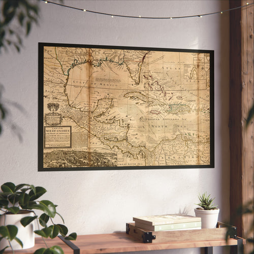 A Map of the West-Indies, Herman Moll, 1715 — Fine Art Giclée Print, Charcoal Border