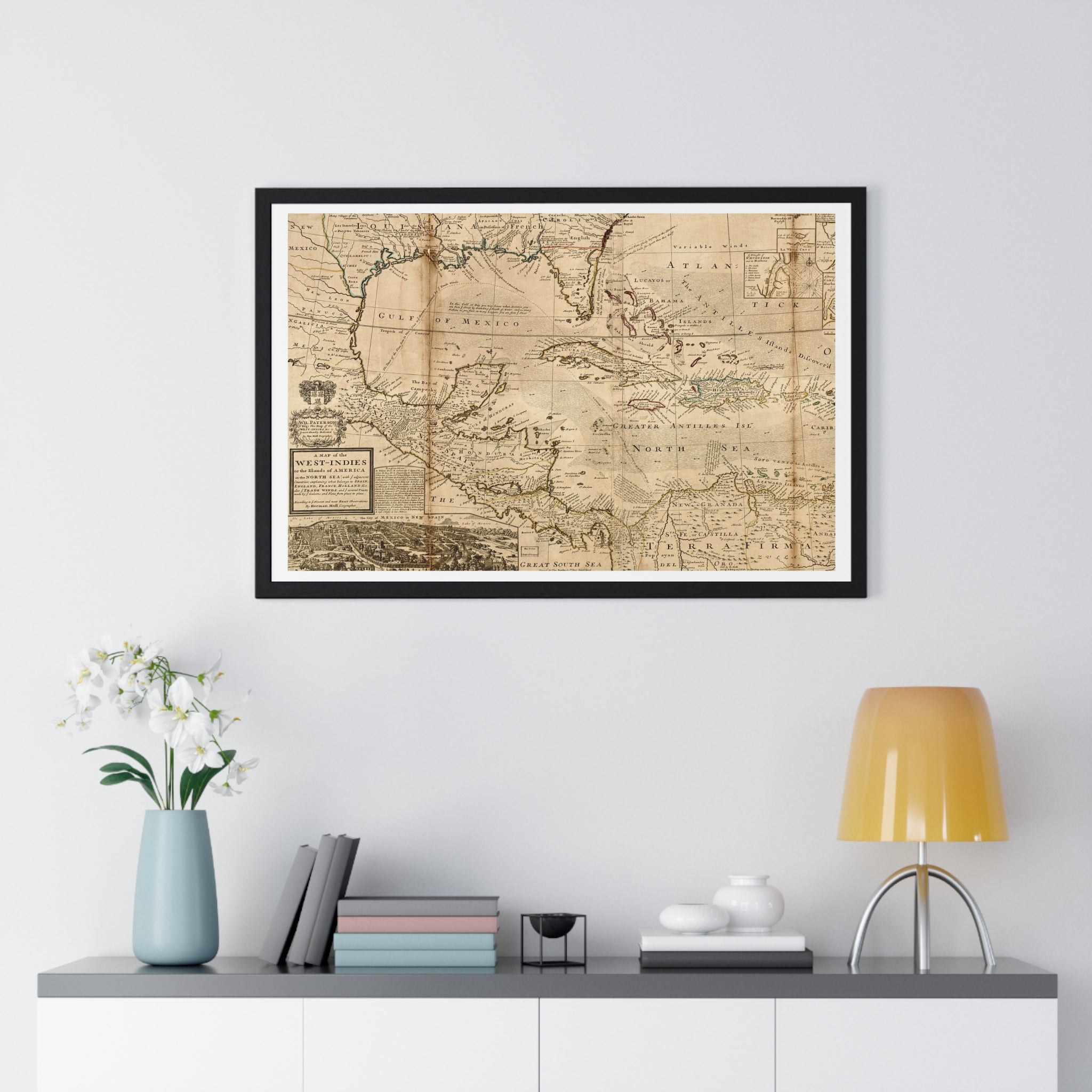 A Map of the West-Indies, Herman Moll, 1715 — Fine Art Print, White Margin, Black Frame