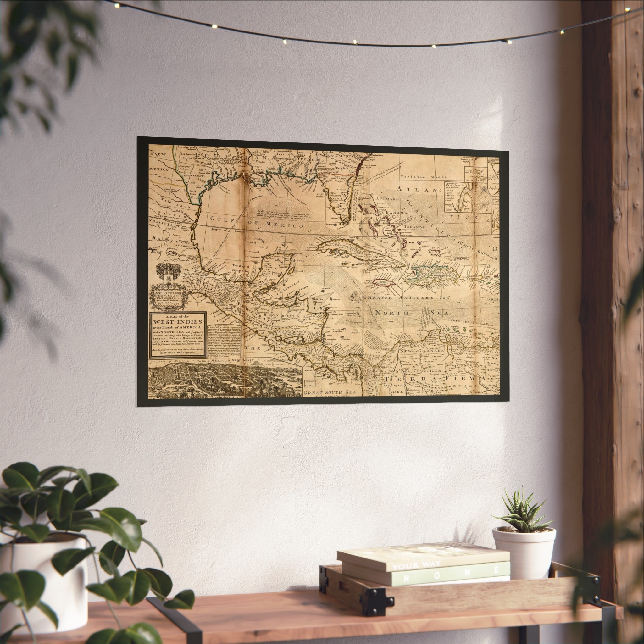 A Map of the West-Indies, Herman Moll, 1715 — Fine Art Giclée Print, Charcoal Border