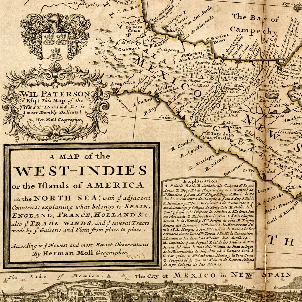 A Map of the West-Indies, Herman Moll, 1715 — Fine Art Giclée Print, Charcoal Border