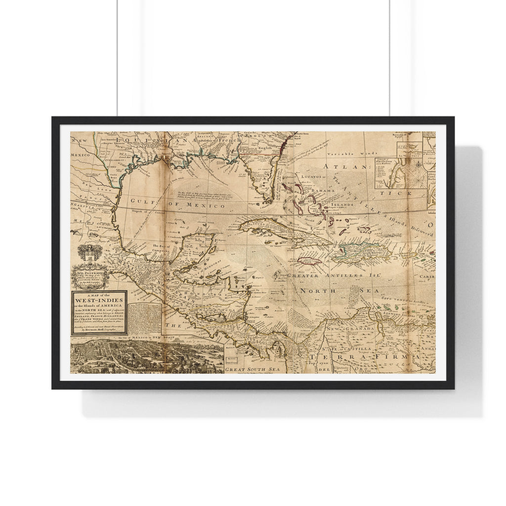 A Map of the West-Indies, Herman Moll, 1715 — Fine Art Print, White Margin, Black Frame