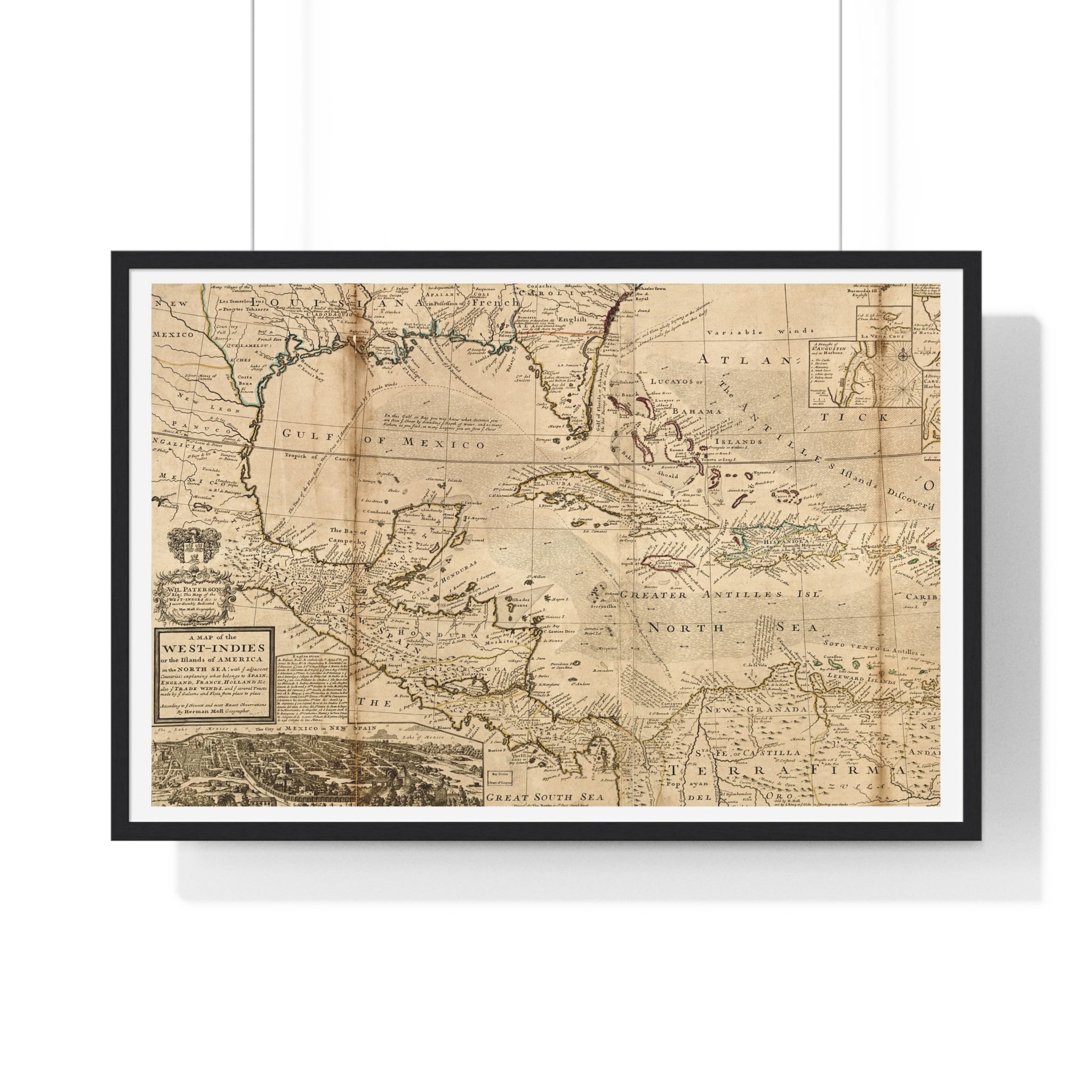 A Map of the West-Indies, Herman Moll, 1715 — Fine Art Print, White Margin, Black Frame